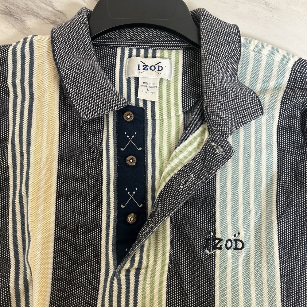 Vintage Izod Golf Clubs Logo Striped Multicolor Men Size Large Short Sleeve Polo